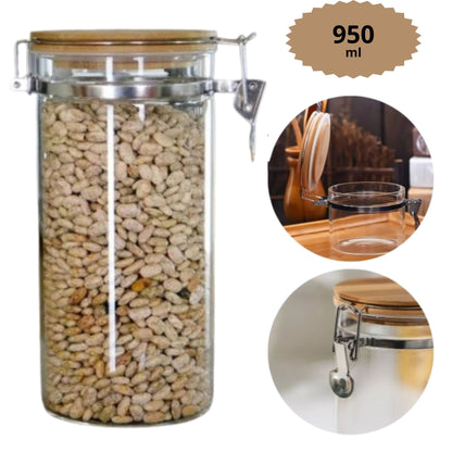 Frasco de Vidrio Hermético de 950 ml con Tapa de Bambú y Clip Metálico