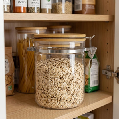 Frasco de Vidrio Hermético de 950 ml con Tapa de Bambú y Clip Metálico