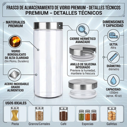 Frasco Canister de Vidrio 2 Litros con Tapa de Acero Inoxidable | Cocina