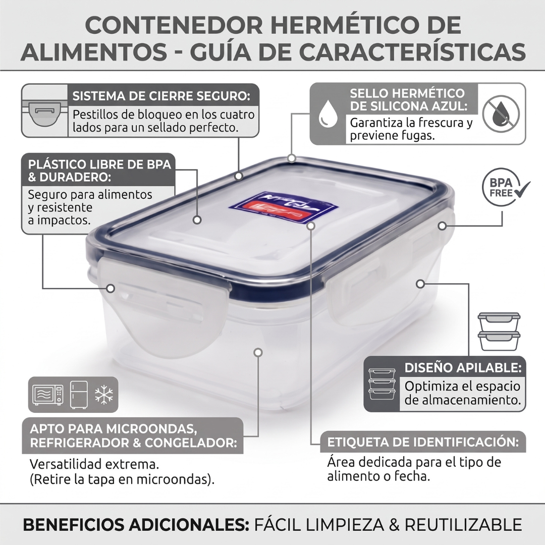 Recipiente Hermético de Plástico 300ml | Contenedor Transparente para Alimentos con Tapa de Clips y Sello de Silicona