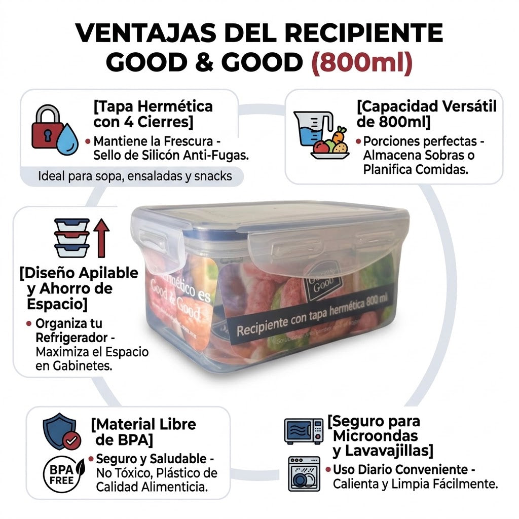 Recipiente Hermético de Plástico 800 ml Good & Good | Contenedor para Alimentos