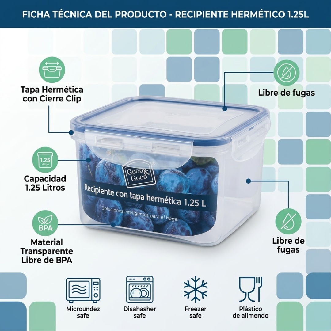 Recipiente Hermético 1.25L Good & Good | Tapa con Clips sin BPA