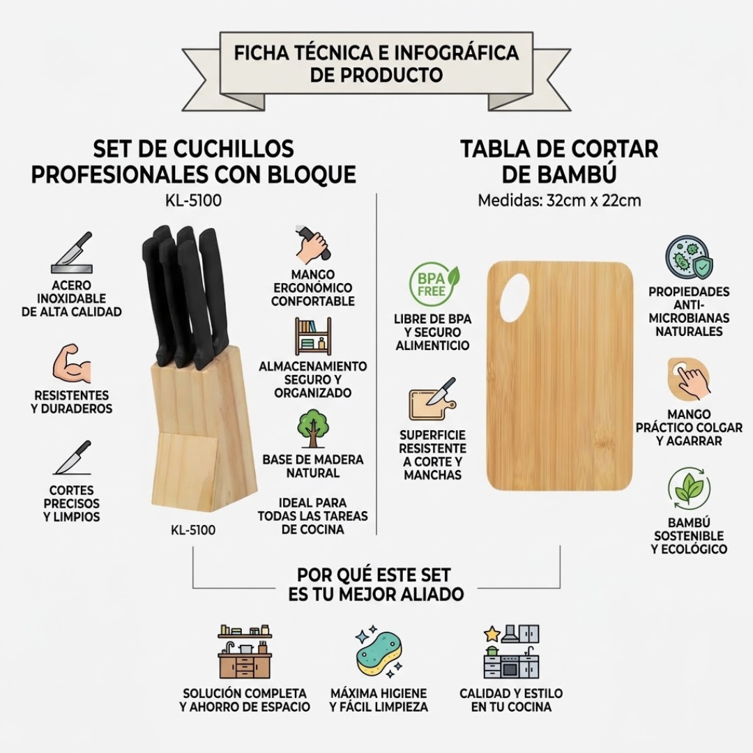 Juego de 6 Cuchillos y Tabla para Picar de Bambú | Good & Good