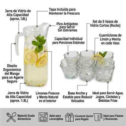 Juego De Jarra De Vidrio 1.3 L Y 6 Vasos Minimalistas