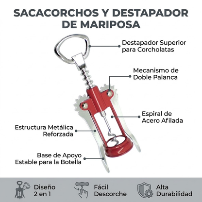 Sacacorchos de Mariposa Rojo con Destapador Integrado | Good & Good