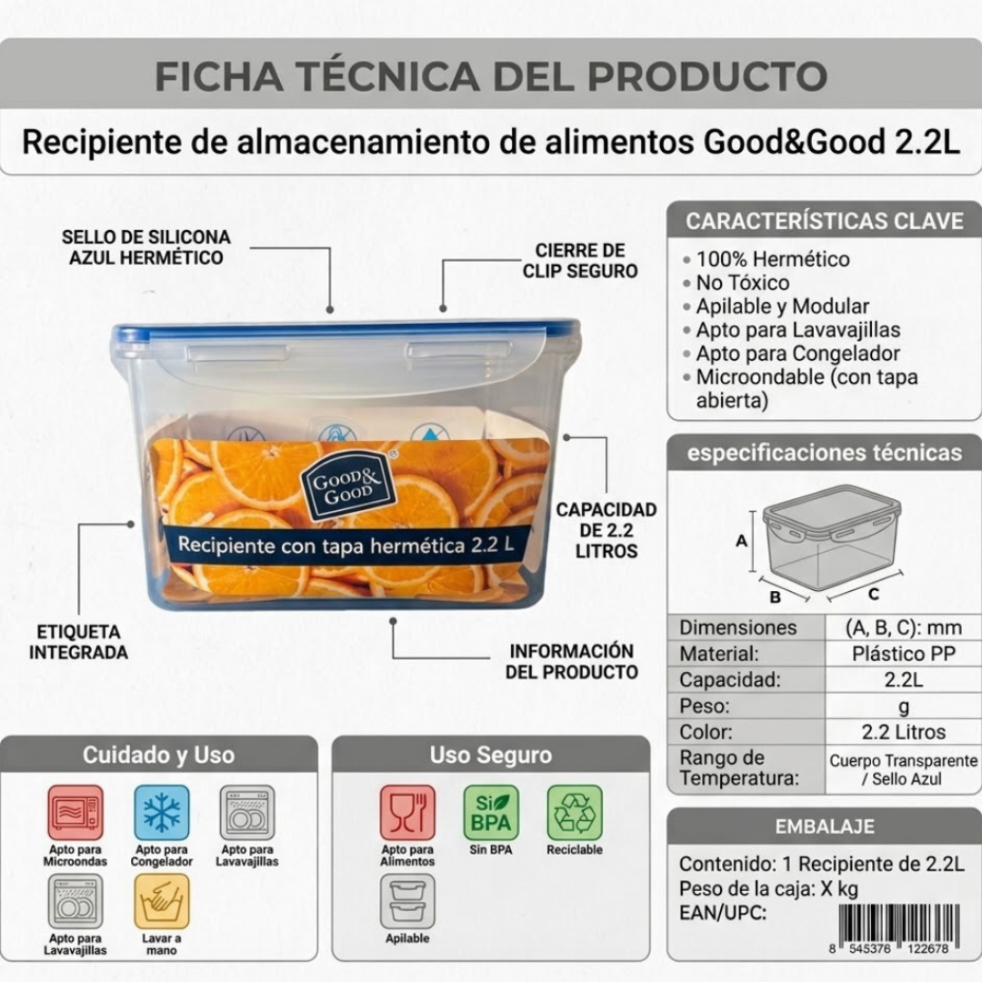 Contenedor Hermético Para Alimentos | Good&Good 2.2 Litros