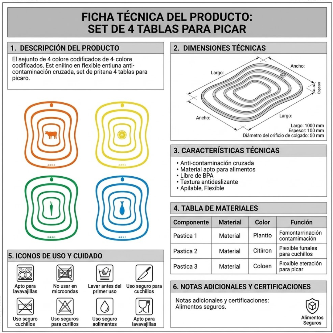 Set de 4 Tablas para Picar de Plástico Antideslizantes – Juego de Tablas de Cocina Clasificadas por Código de Color con Íconos |Carne, Pescado, Verduras y Frutas
