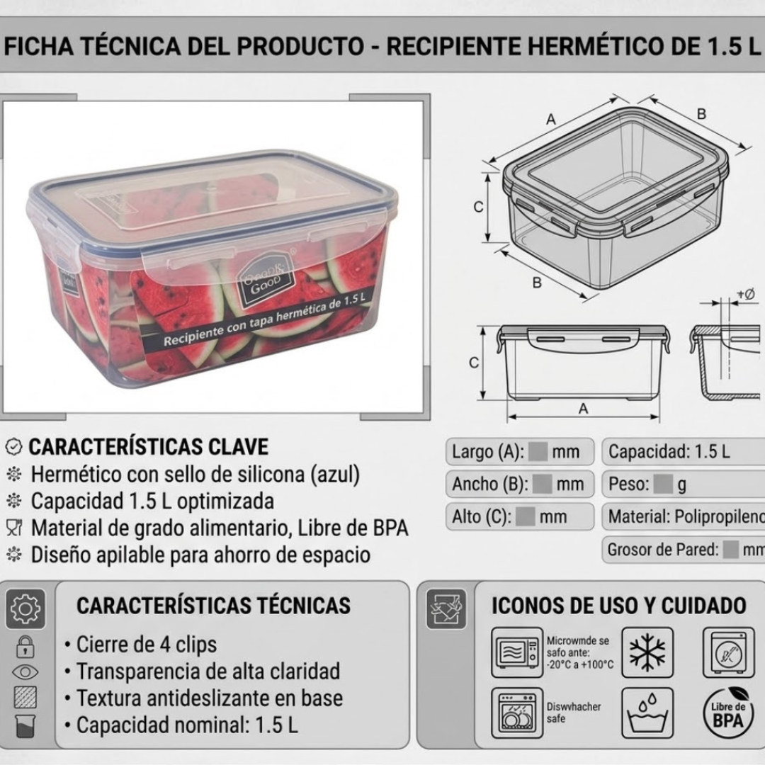 Recipiente Hermético de Plástico 1.5 L Good&Good |Contenedor Transparente para Alimentos con Tapa de Clips y Sello de Silicona