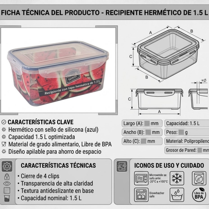 Recipiente Hermético de Plástico 1.5 L Good&Good |Contenedor Transparente para Alimentos con Tapa de Clips y Sello de Silicona