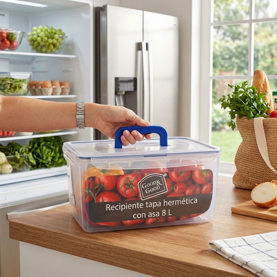 Recipiente Hermético de Plástico 8 L con Asa Good&Good – Contenedor Grande para Alimentos con Tapa de Clips y Sello de Silicona