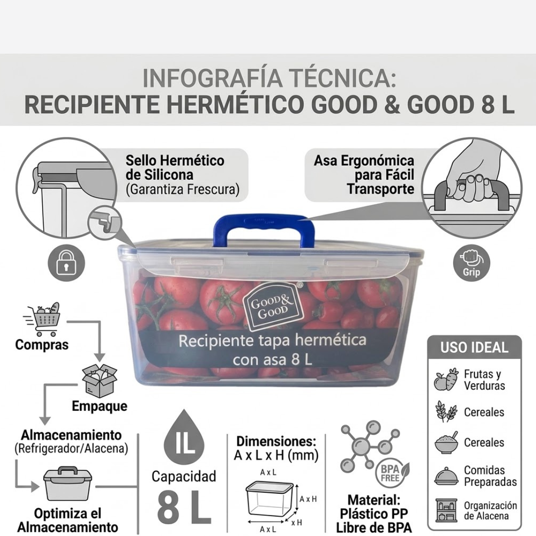 Recipiente Hermético de Plástico 8 L con Asa Good&Good – Contenedor Grande para Alimentos con Tapa de Clips y Sello de Silicona