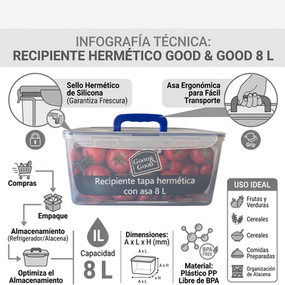 Recipiente Hermético de Plástico 8 L con Asa Good&Good – Contenedor Grande para Alimentos con Tapa de Clips y Sello de Silicona