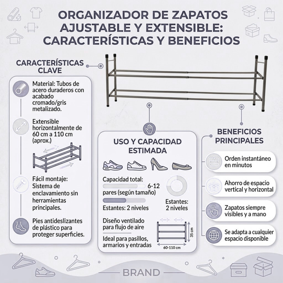 Zapatera Expandible de Metal de 2 Niveles - Organizador de Calzado Ajustable para Clóset y Entradas