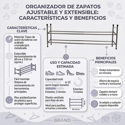 Zapatera Expandible de Metal de 2 Niveles - Organizador de Calzado Ajustable para Clóset y Entradas