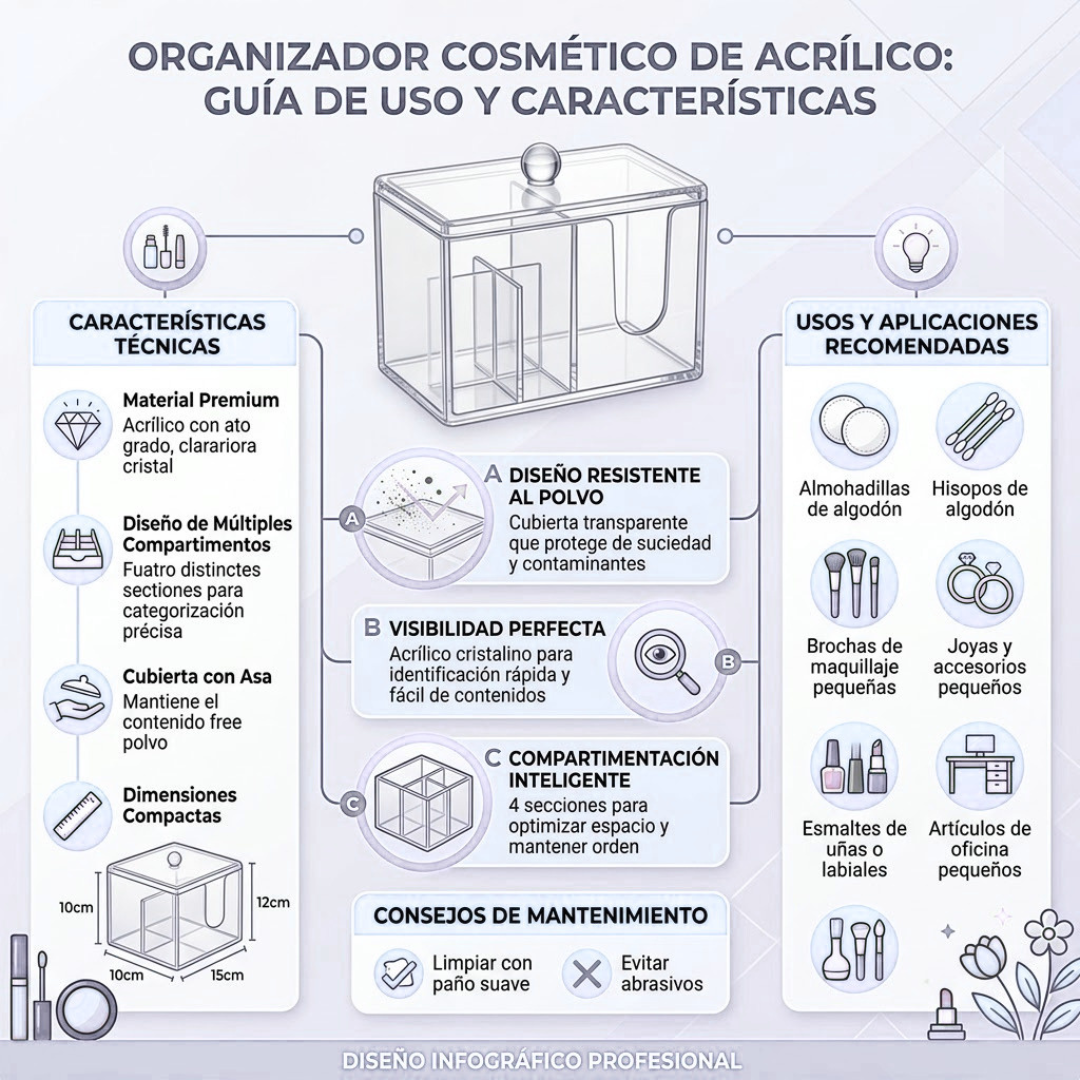 Organizador de Acrílico Transparente con Tapa | 4 Compartimentos para Maquillaje y Algodones