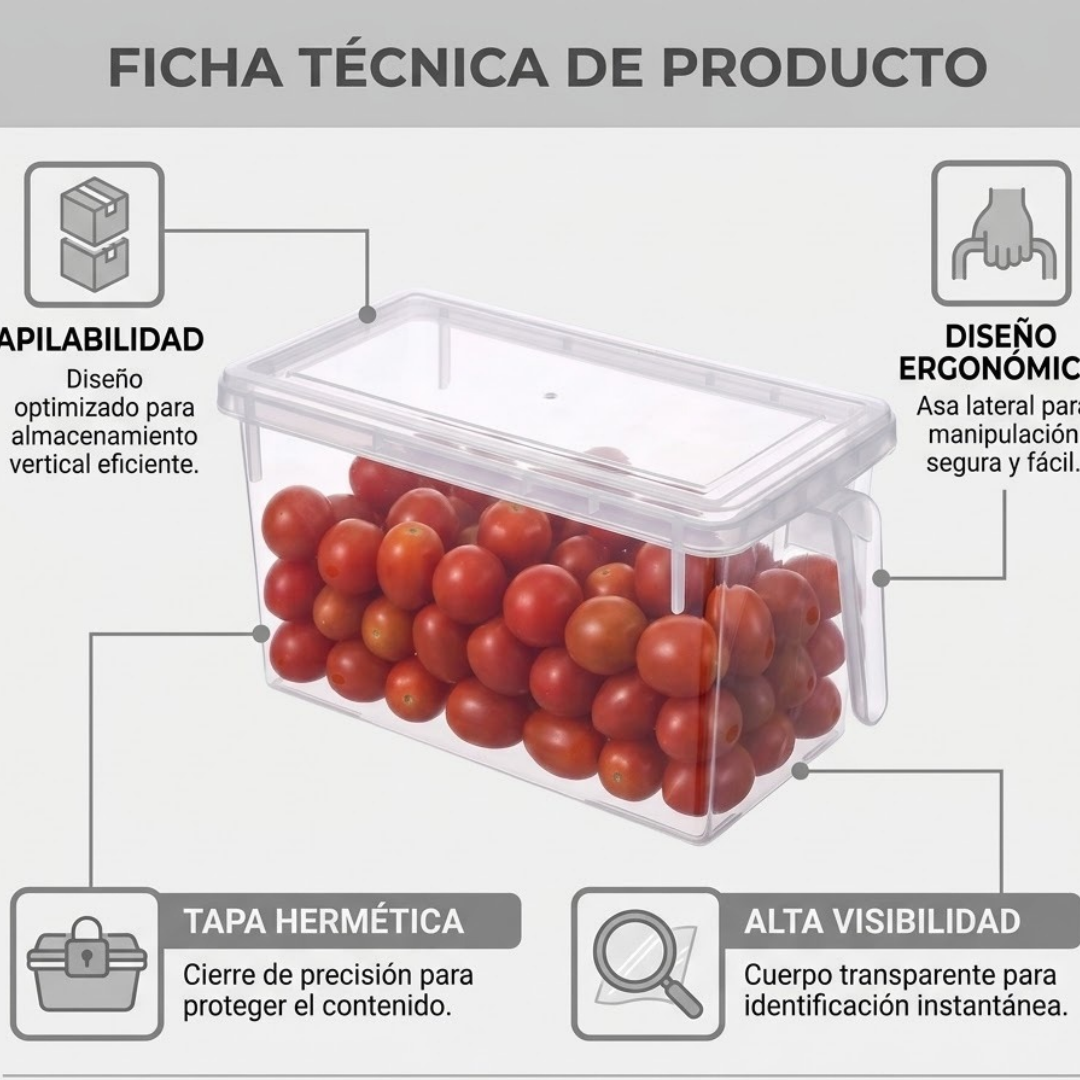 Organizador Transparente con Asa y Tapa para Refrigerador y Alacena| Good & Good