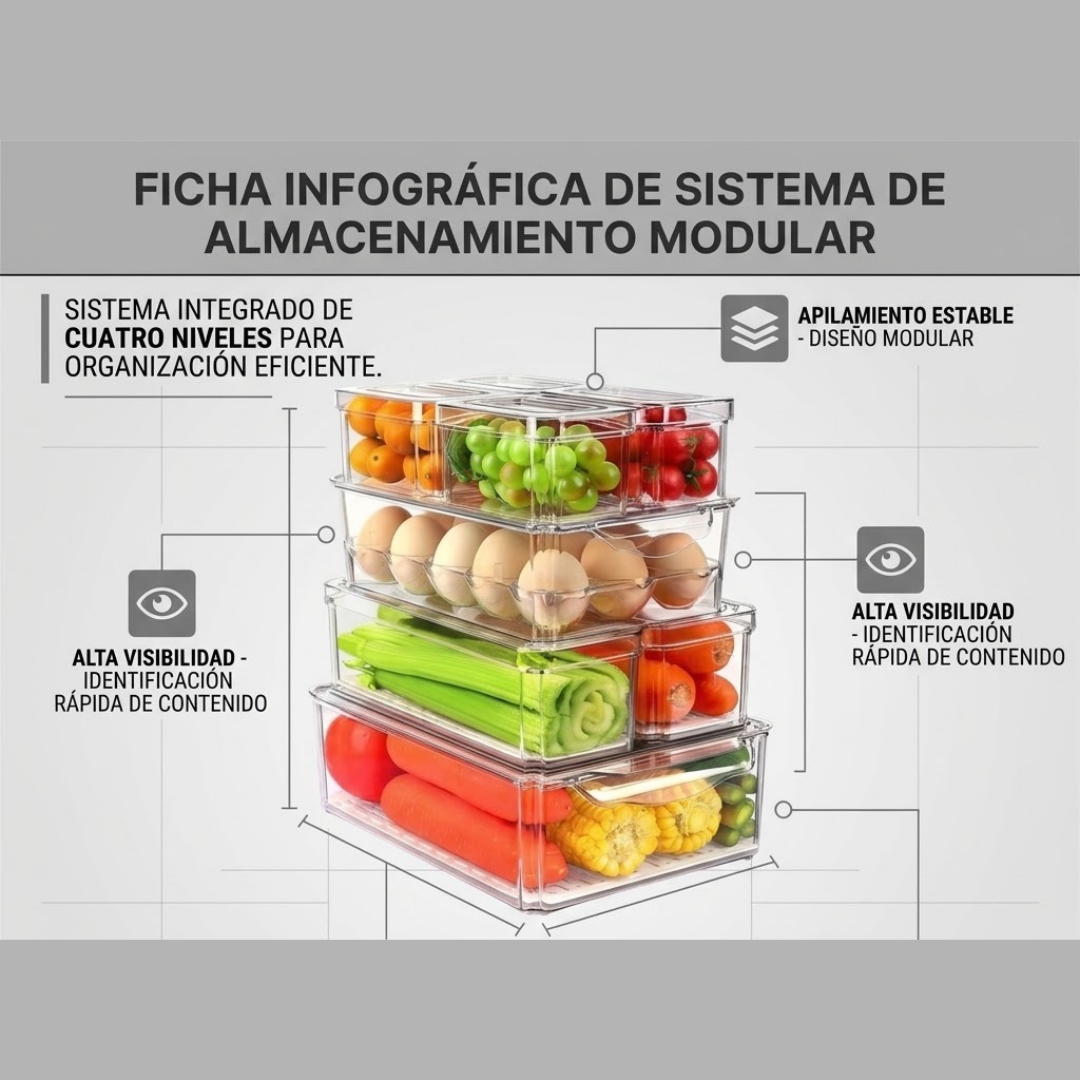 Juego de 8 Organizadores Transparentes para Refrigerador y Alacena | Contenedores Apilables con Tapa