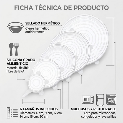 Set de 6 Tapas de Silicona Ajustables y Reutilizables | Tapas Elásticas para Tazones y Alimentos