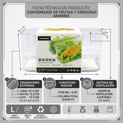 Contenedor Organizador para Refrigerador 5.7 L con Ventilación y Filtro de Humedad | Guardaverduras Transparente