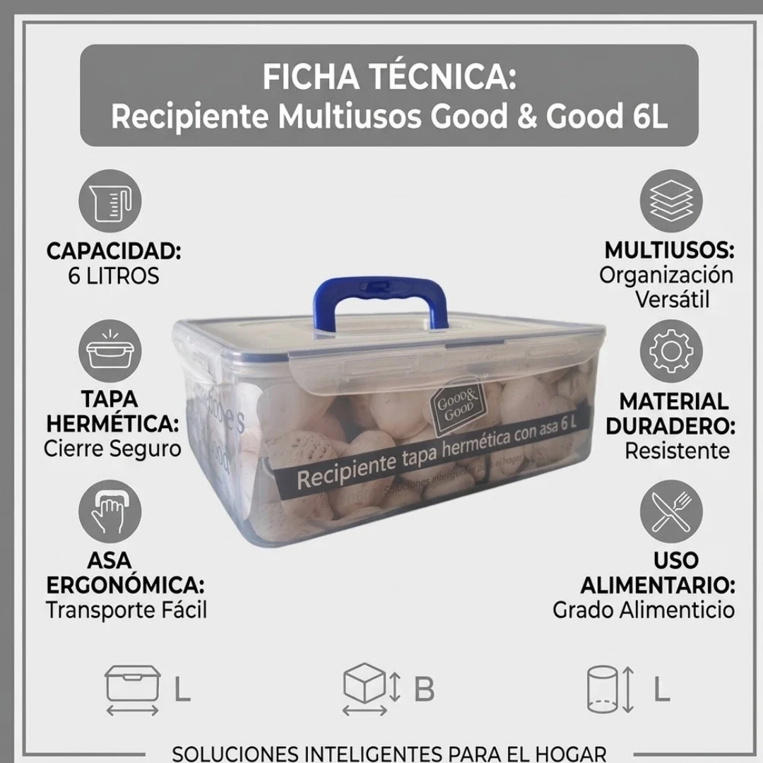 Recipiente Multiusos 6 L con Tapa Hermética y Asa Good & Good | Contenedor Transparente con Seguro