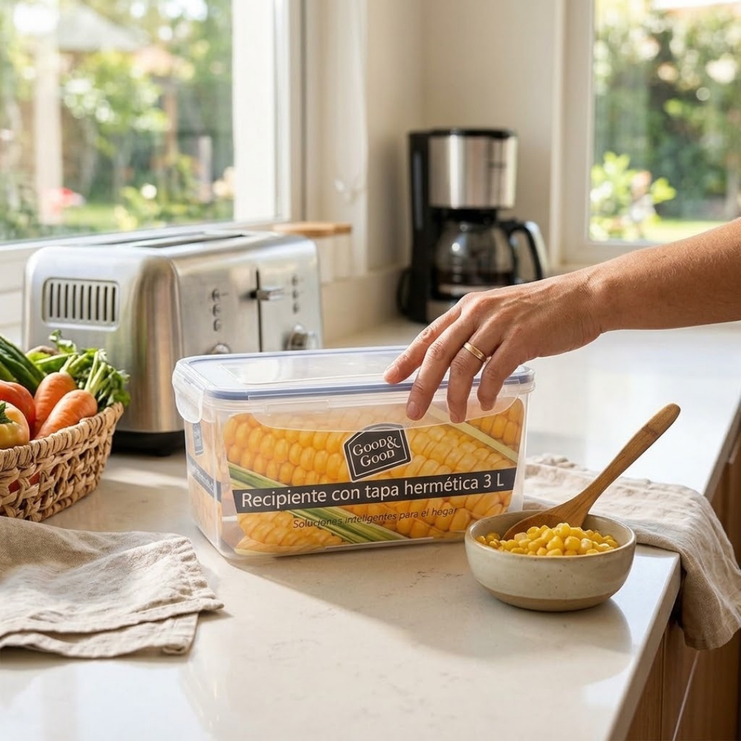 Recipiente Transparente 3 L con Tapa Hermética Good & Good | Contenedor Multiusos para Cocina