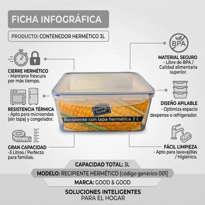 Recipiente Transparente 3 L con Tapa Hermética Good & Good | Contenedor Multiusos para Cocina
