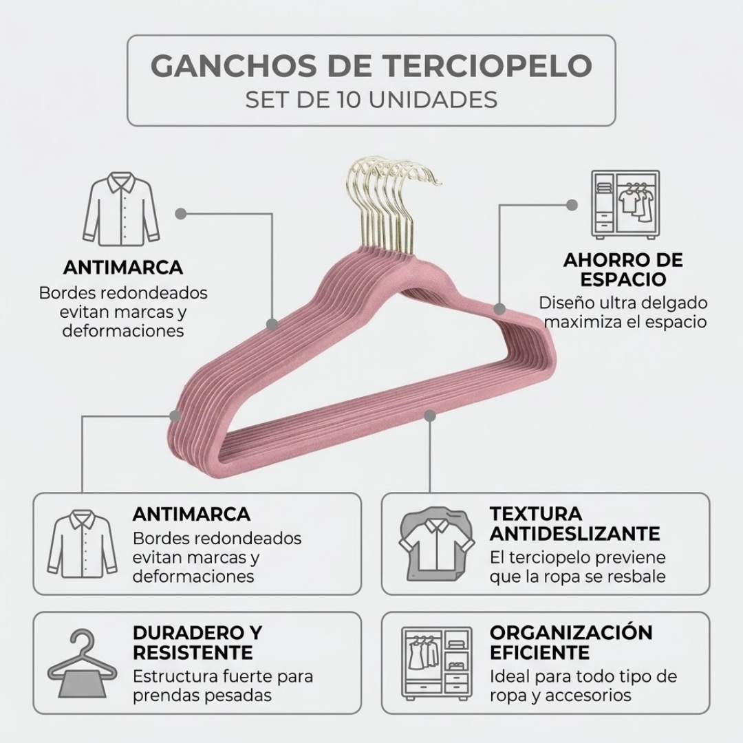 Set de 10 Ganchos de Terciopelo Rosa Antideslizantes y Ultra Delgados | Good & Good