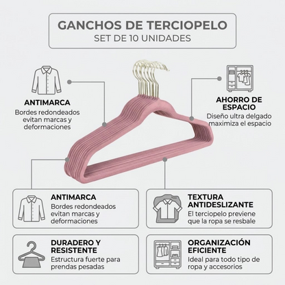 Set de 10 Ganchos de Terciopelo Rosa Antideslizantes y Ultra Delgados | Good & Good