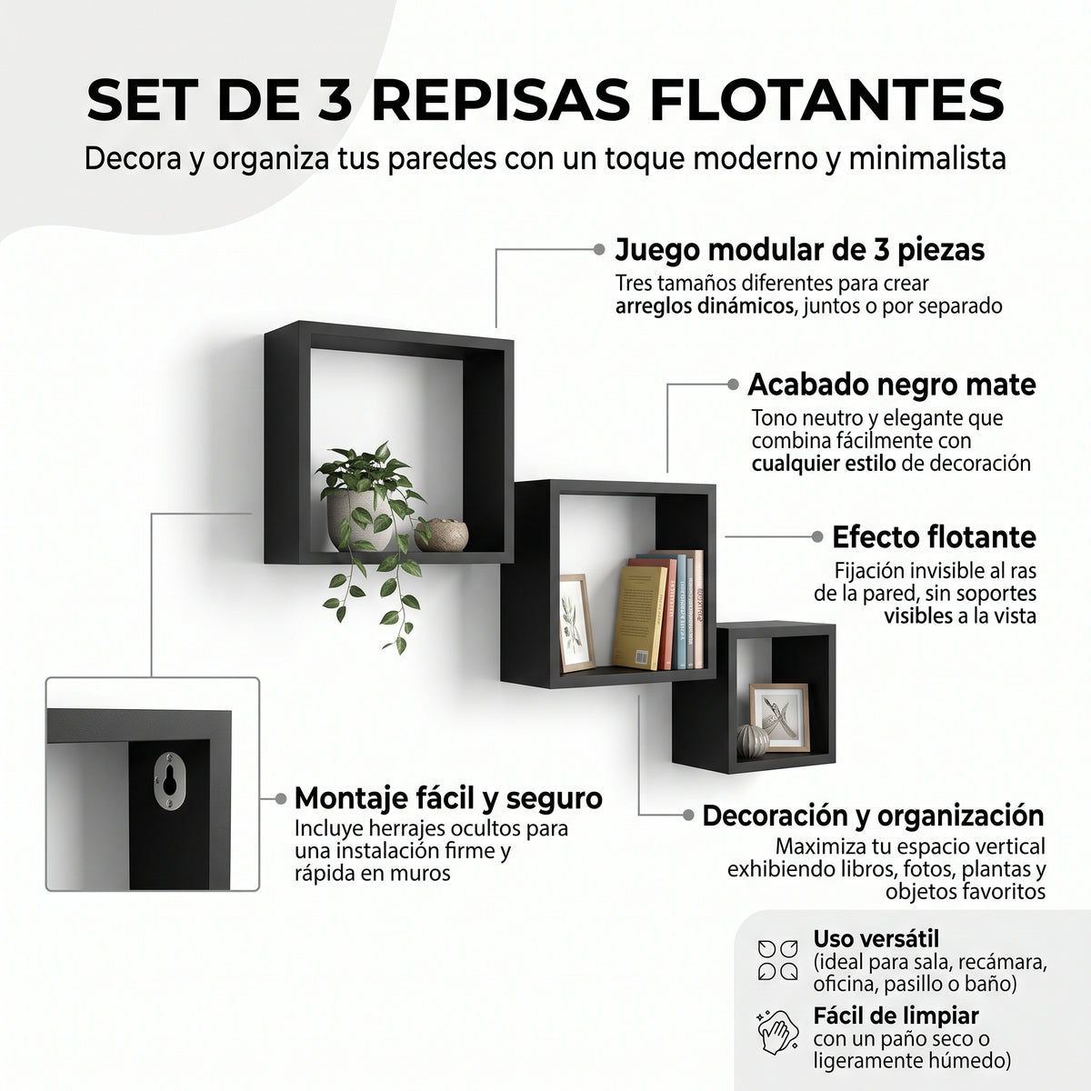 Set de 3 Repisas Flotantes Cuadradas Negras Minimalistas para Pared