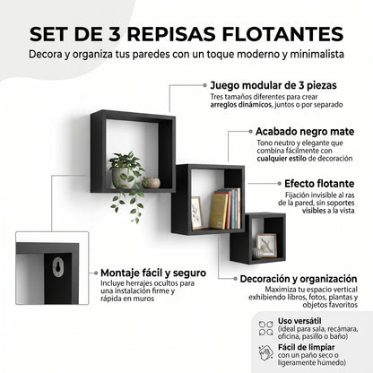 Set de 3 Repisas Flotantes Cuadradas Negras Minimalistas para Pared