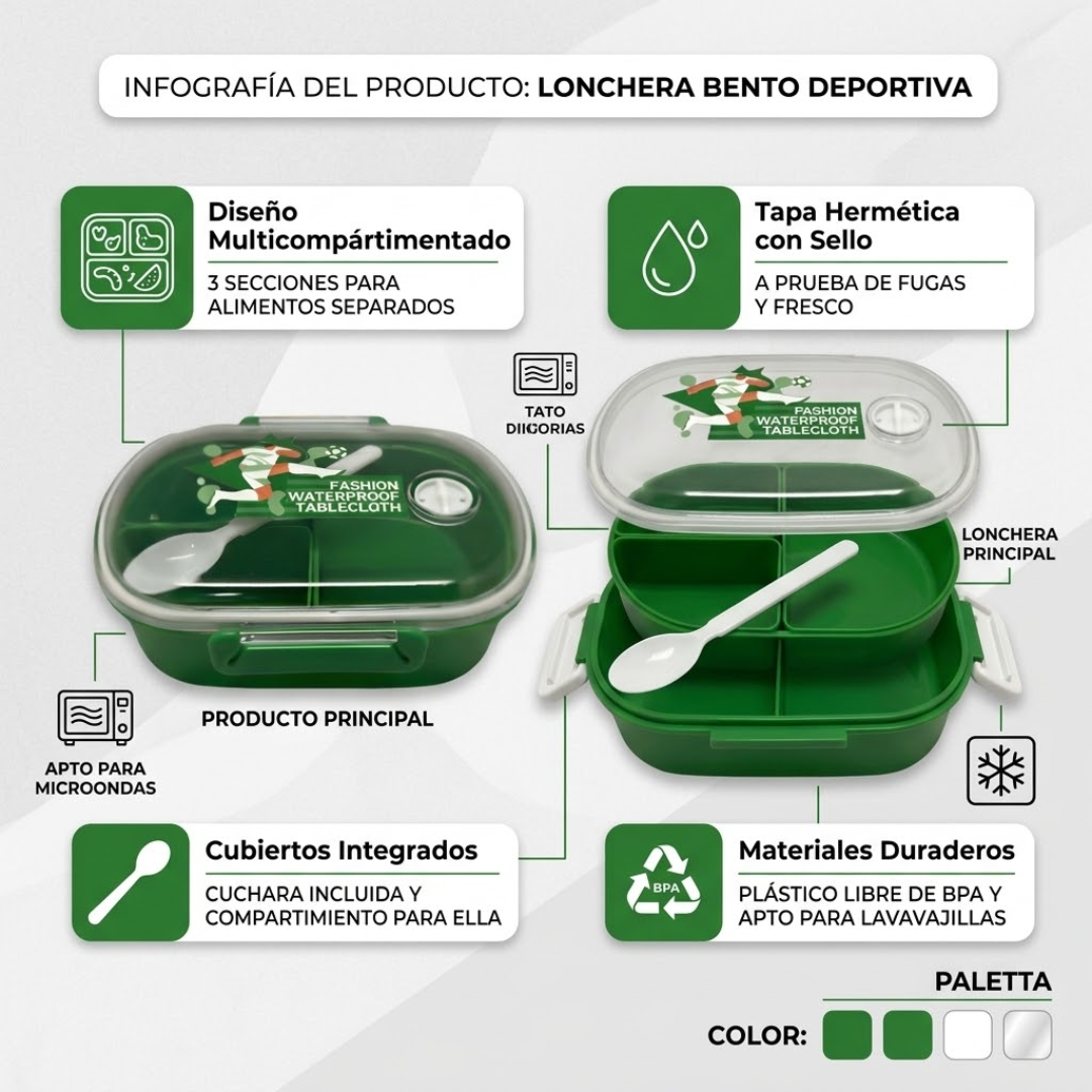 Lonchera Bento Box Hermética Infantil con Compartimentos y Cuchara – Tema Futbol