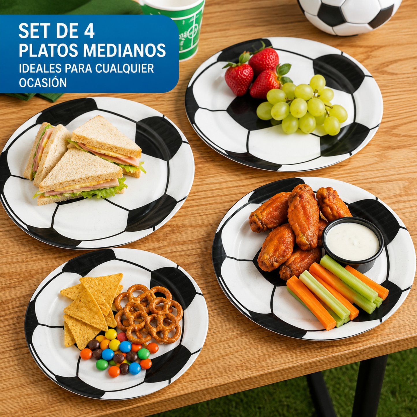Set de 4 Platos Medianos de Plástico – Diseño Balón de Fútbol (19 cm)