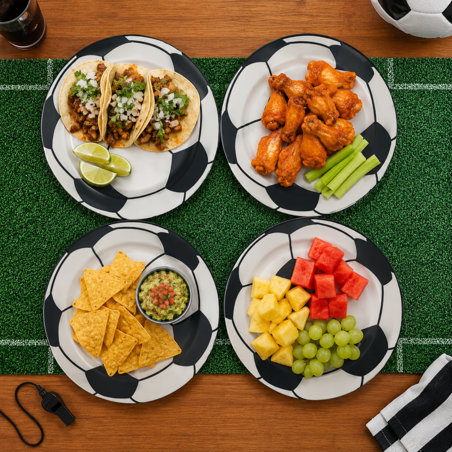 Set de 4 Platos Grandes de Plástico – Diseño Balón de Fútbol (22 cm)