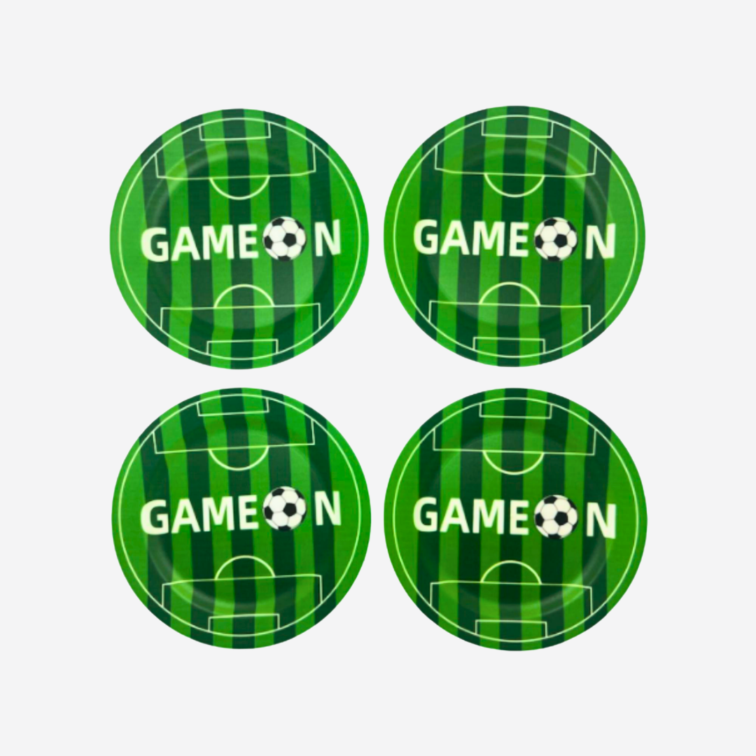 Set de 4 Platos Grandes de Plástico – Diseño Fútbol "Game On"