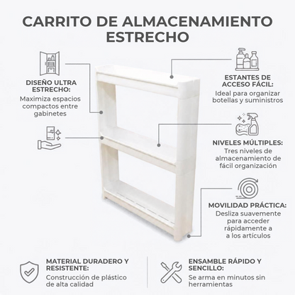 Carrito Organizador Multiusos Estrecho de 3 Niveles Blanco| Good & Good