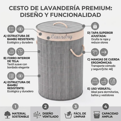 Cesto para Ropa de Bambú Gris con Tapa| Tela Good & Good