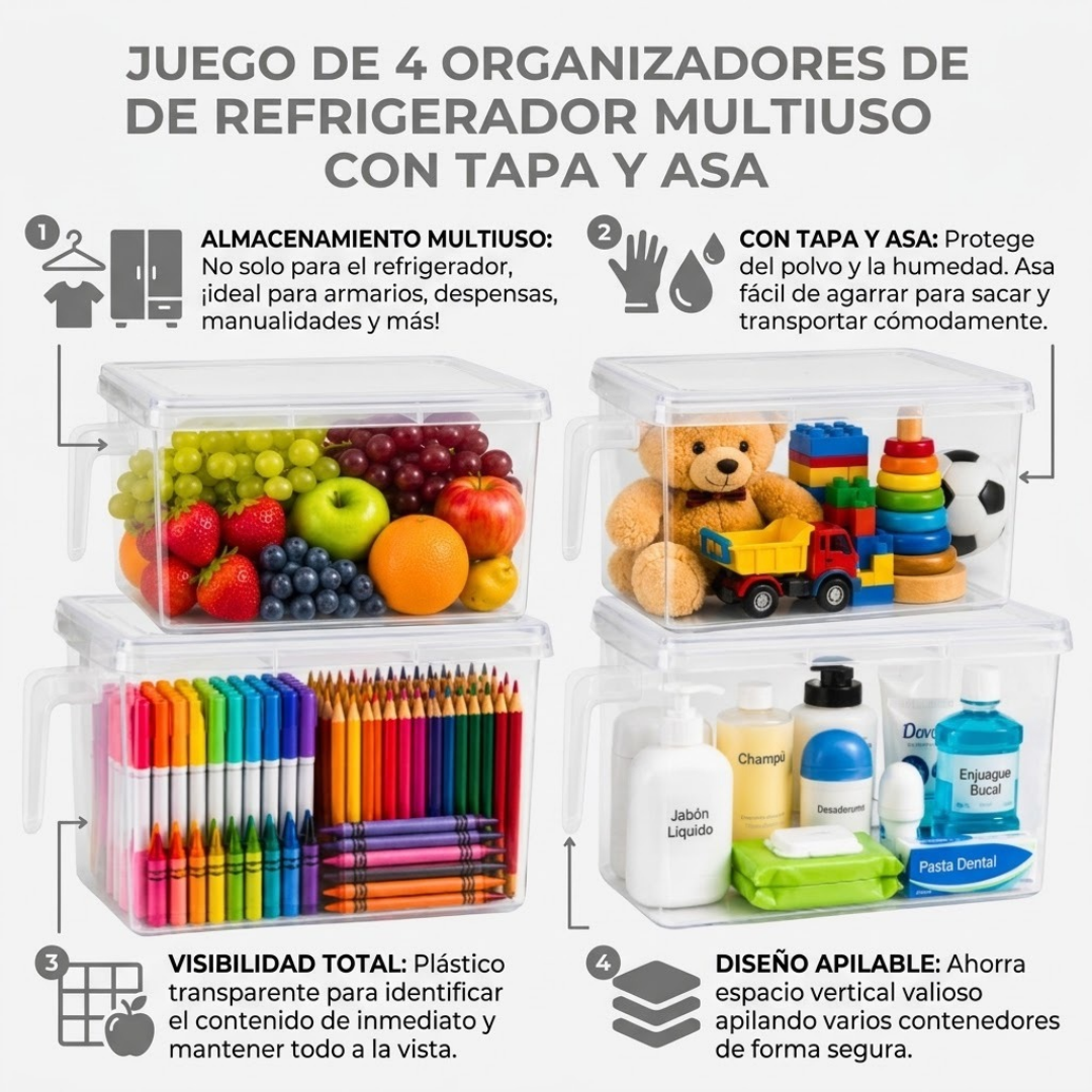 Juego De 4 Organizadores Para Refrigerador Con Tapa Y Asa| Good & Good