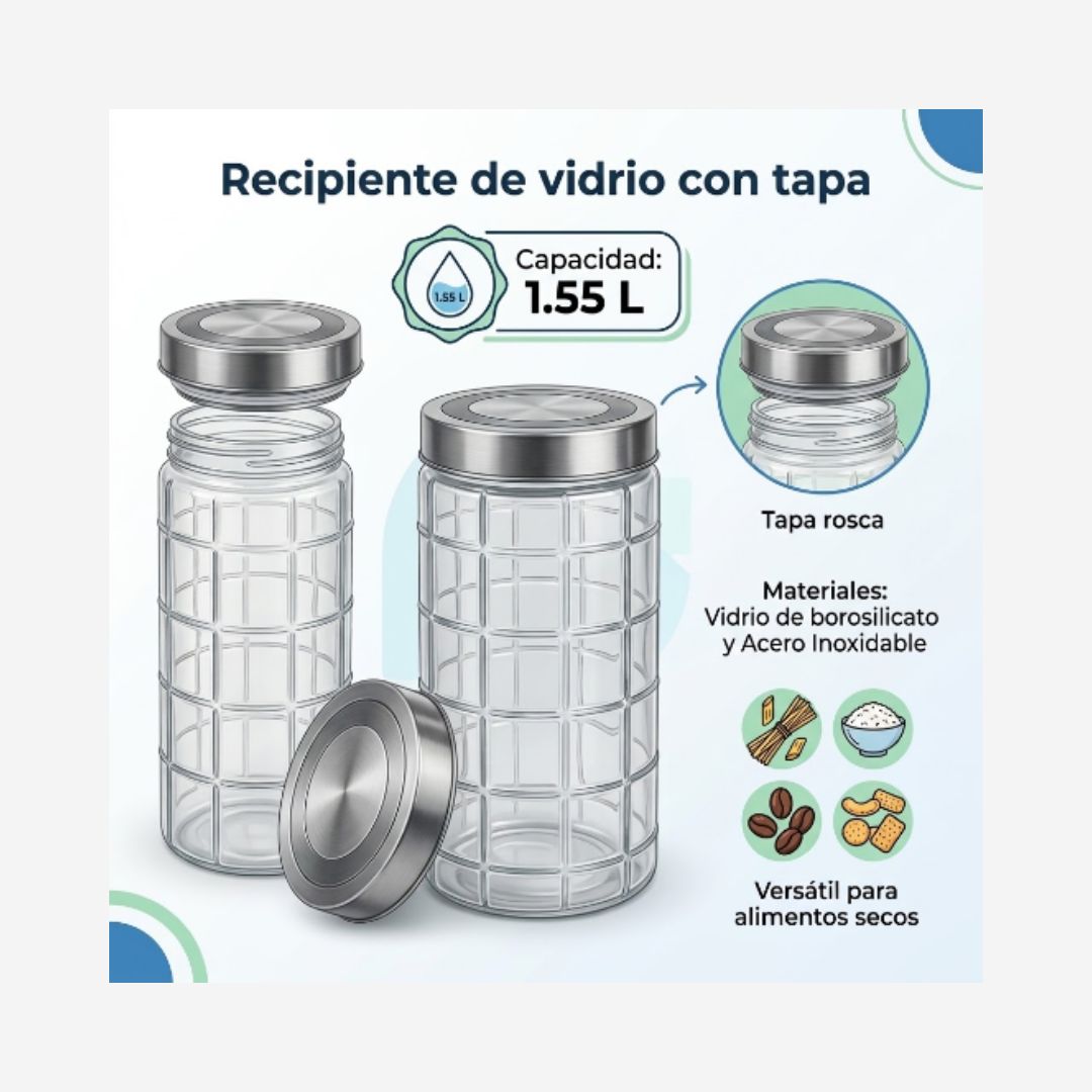 Recipiente de vidrio con tapa de 1.55 L