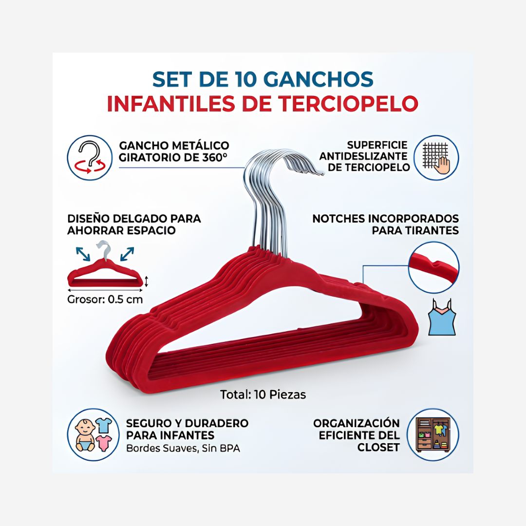 Set de 10 Ganchos infantiles de Terciopelo