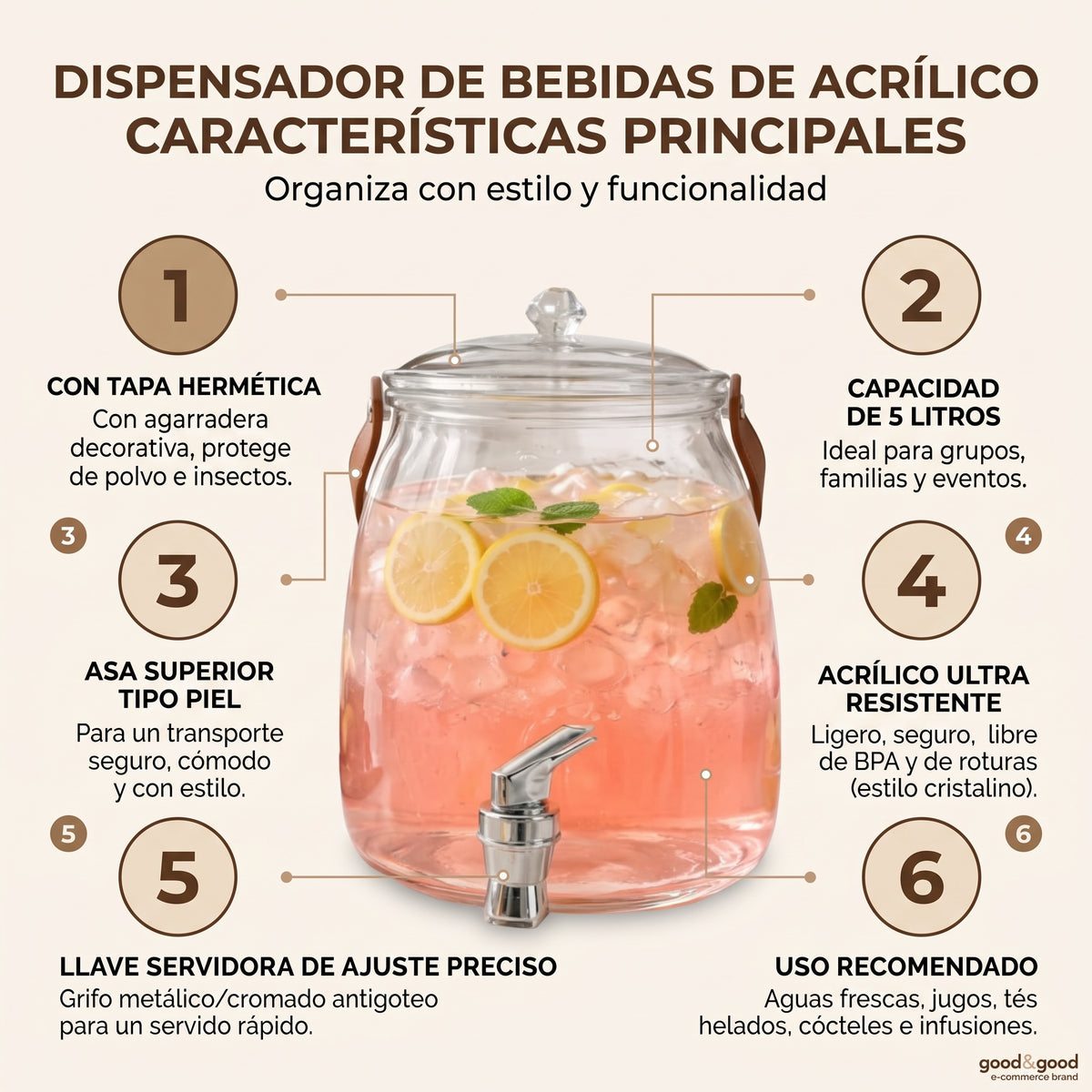 Dispensador de Bebidas de Acrílico de 5 Litros con Llave y Asa de Transporte