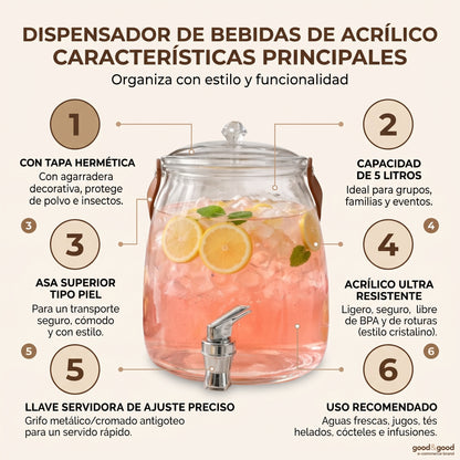 Dispensador de Bebidas de Acrílico de 5 Litros con Llave y Asa de Transporte