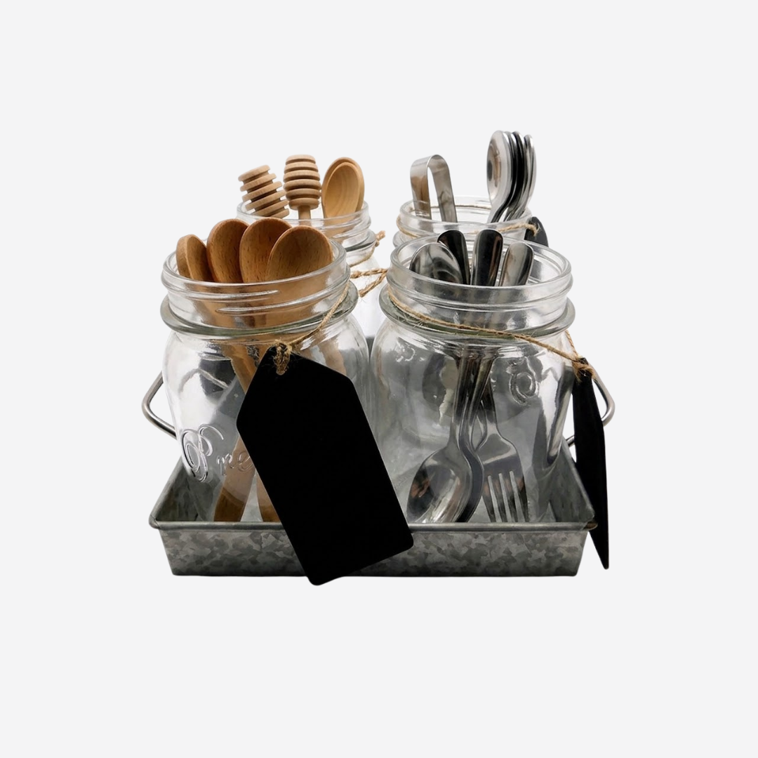 Set de 4 tarros mason jars con charola