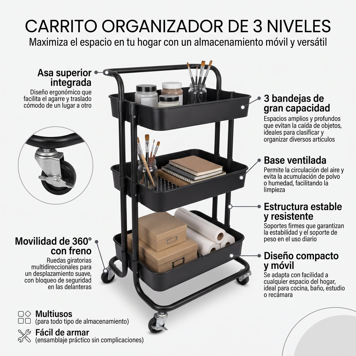 Carrito Organizador de 3 Niveles con Ruedas Multiusos
