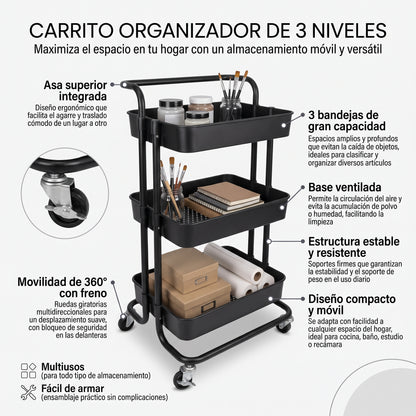 Carrito Organizador de 3 Niveles con Ruedas Multiusos