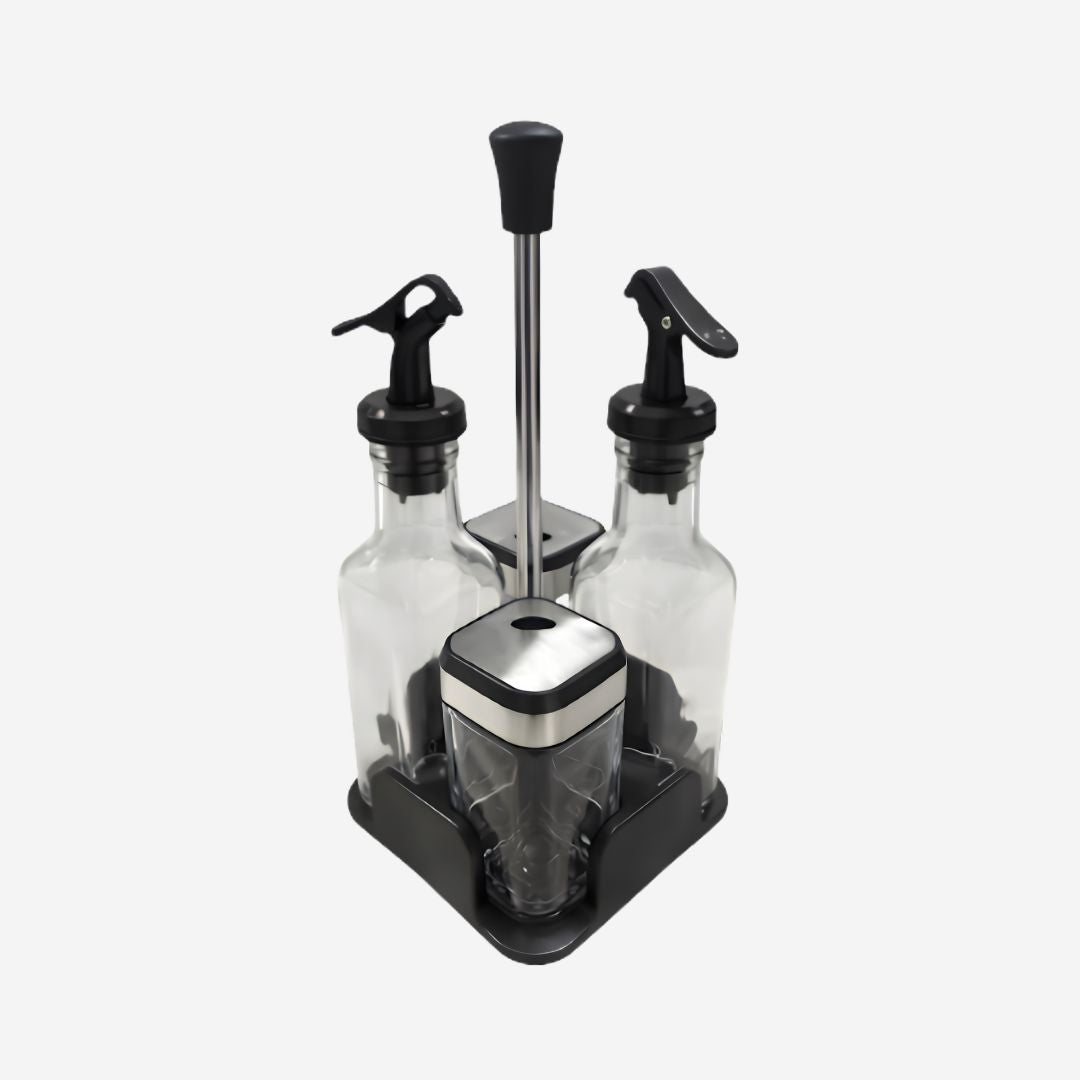 Set de 2 Aceiteras y 2 Condimenteros de Vidrio con Base Organizadora