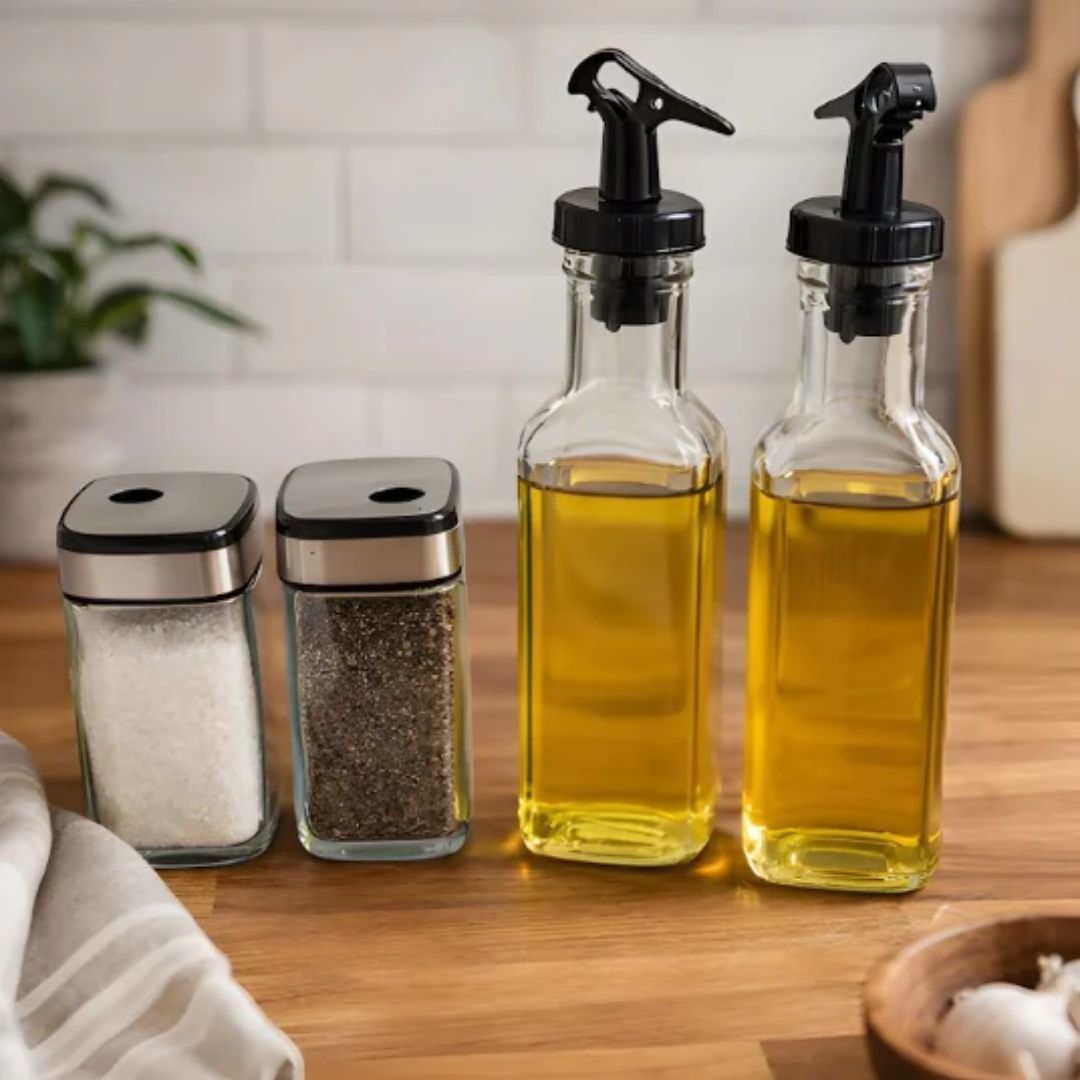 Set de 2 Aceiteras y 2 Condimenteros de Vidrio con Base Organizadora