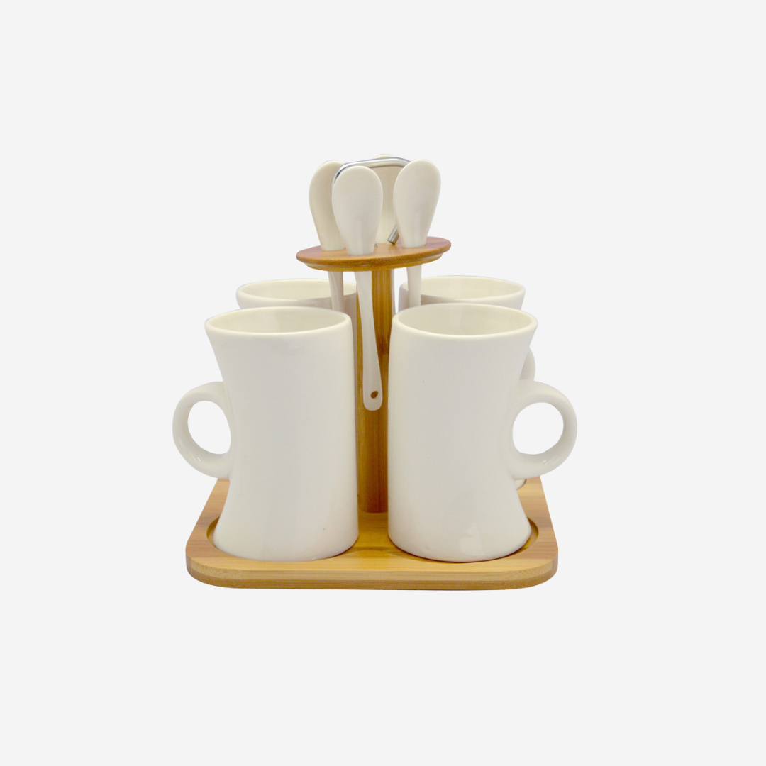 Set de 4 Tazas de Cerámica Blanca con 4 Cucharas y Soporte de Bambú Organizador
