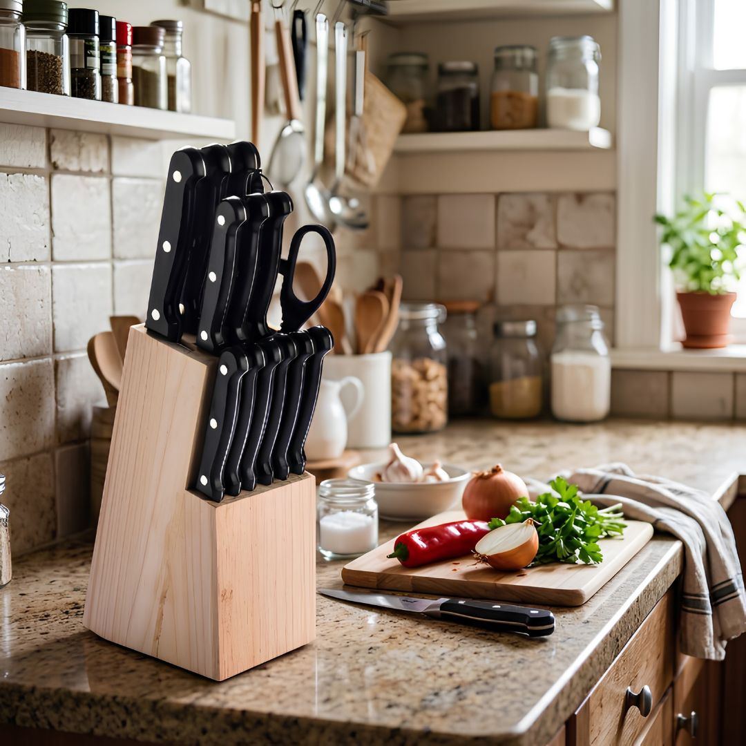 Set de Cuchillos de Cocina con Base de Madera (14 Piezas)