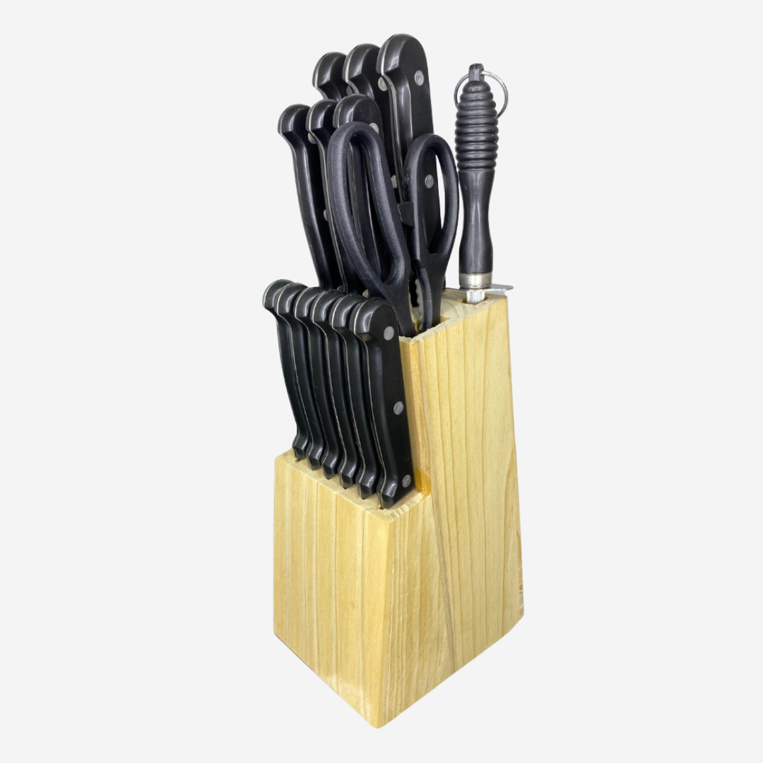 Set de cuchillos, tijeras y afilador 14 pzs y base de bambú