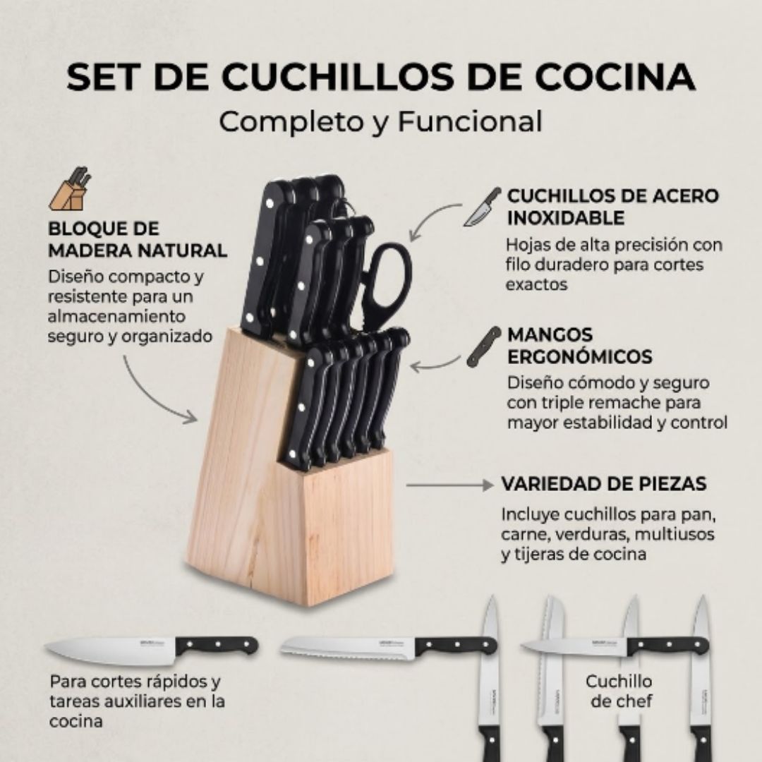 Set de Cuchillos de Cocina con Base de Madera (14 Piezas)